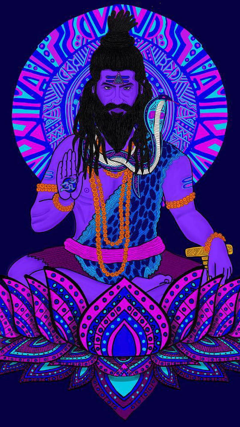Aghori 桌布 壁紙 — 一幅充滿活力的數碼插圖，描繪濕婆神在蓮花上冥想，帶有迷幻光環和複雜的幾何圖案。
