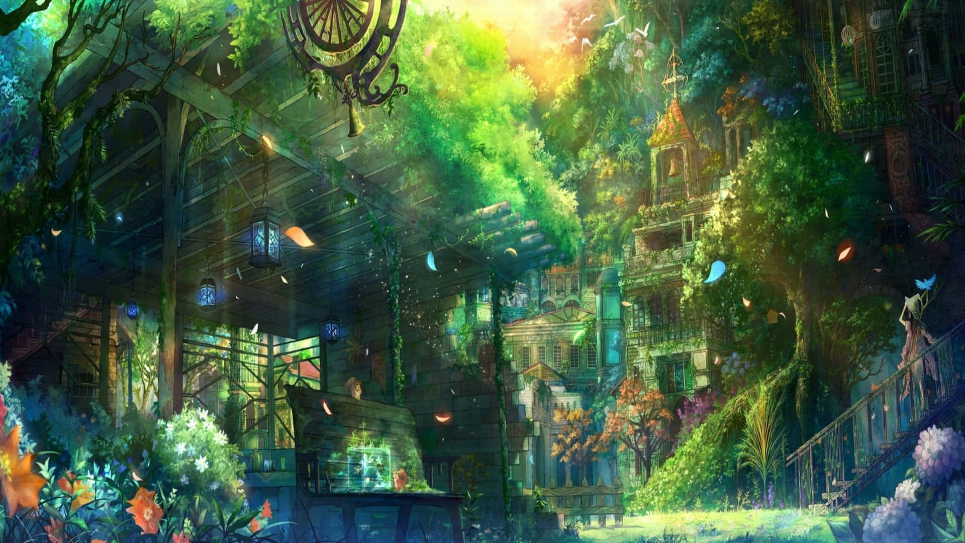 Aesthetic Anime City 桌布 壁紙 — 一幅充滿活力的數碼插圖，描繪茂密的叢林重新佔領一座廢棄的維多利亞式豪宅，帶有發光的燈籠和漂浮的樹葉。