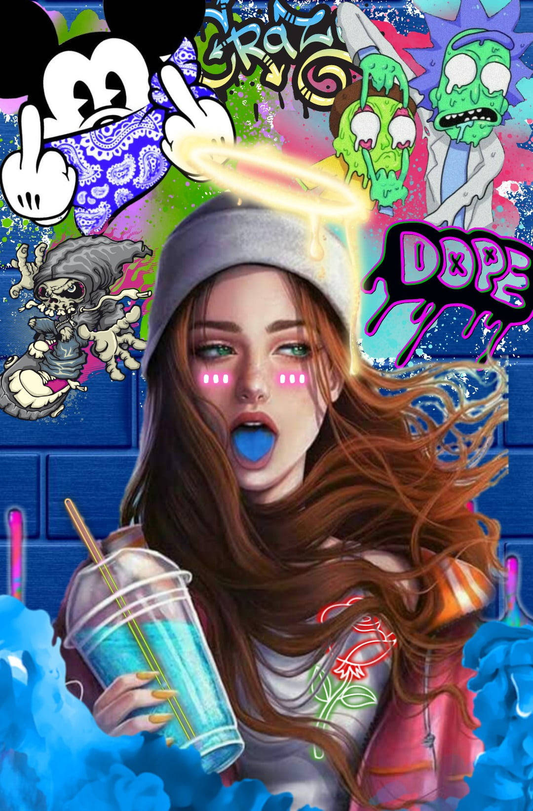 Street Art 桌布 壁紙 — 一幅充滿活力的數碼插畫，描繪一位年輕女子，雙眼發光，頭頂光環，手持藍色飲料，周圍是混亂的塗鴉和卡通角色。