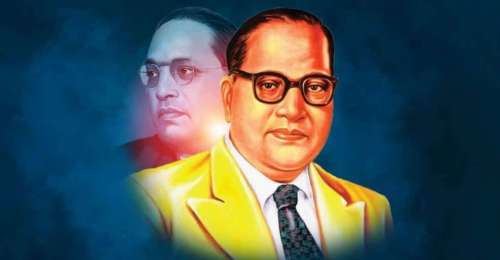 Ambedkar 桌布 壁紙 — 一幅充滿活力的數碼肖像，一名身穿黃色西裝的男子，身後有一個幽靈般的半透明版本，背景是深藍色煙霧繚繞。