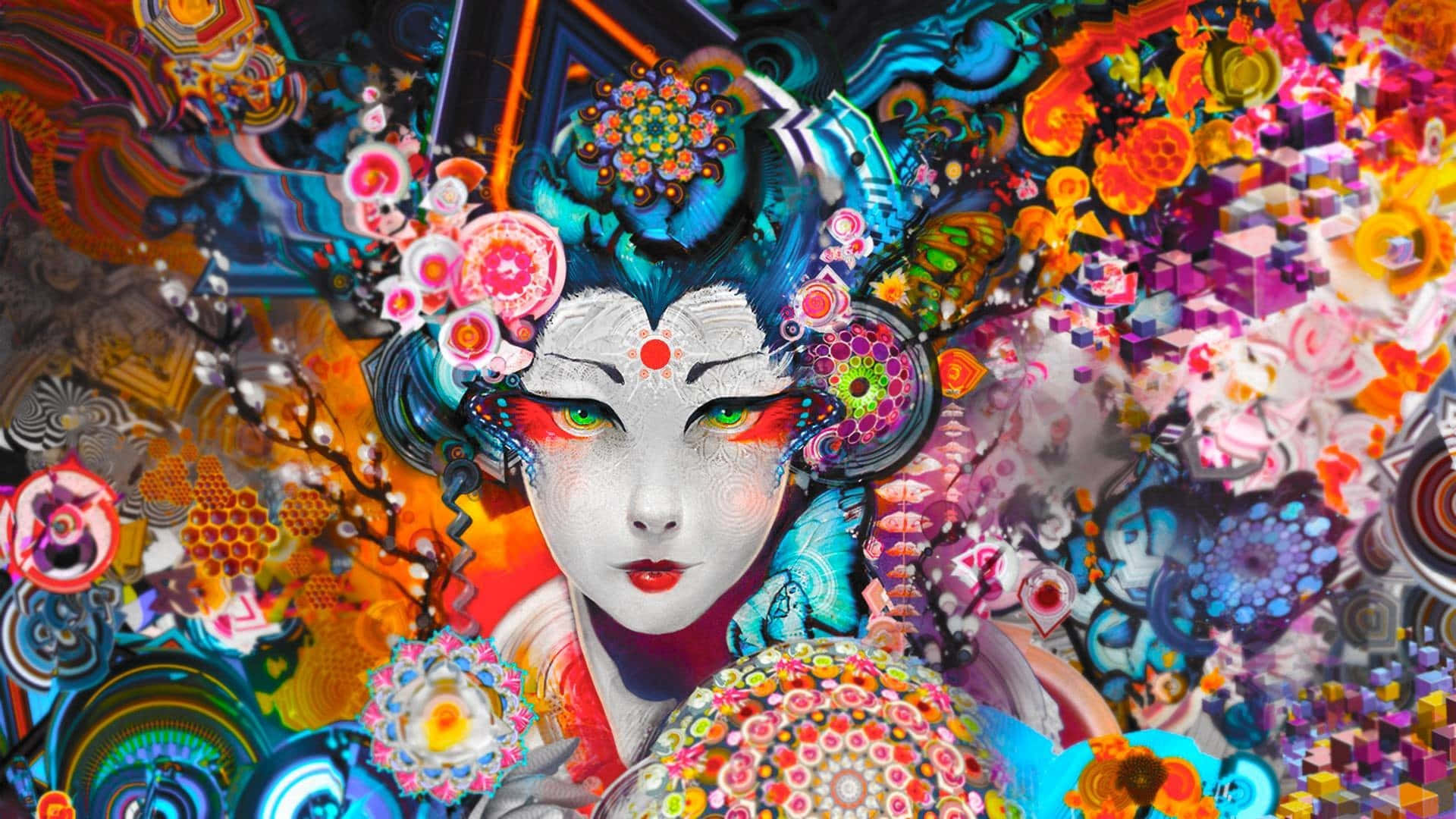 Trippy 3d Art 桌布 壁紙 — 一幅充滿活力的數碼肖像，描繪一位風格化的藝妓，擁有發光的綠色眼睛，周圍環繞著萬花筒般的花卉和幾何圖案。