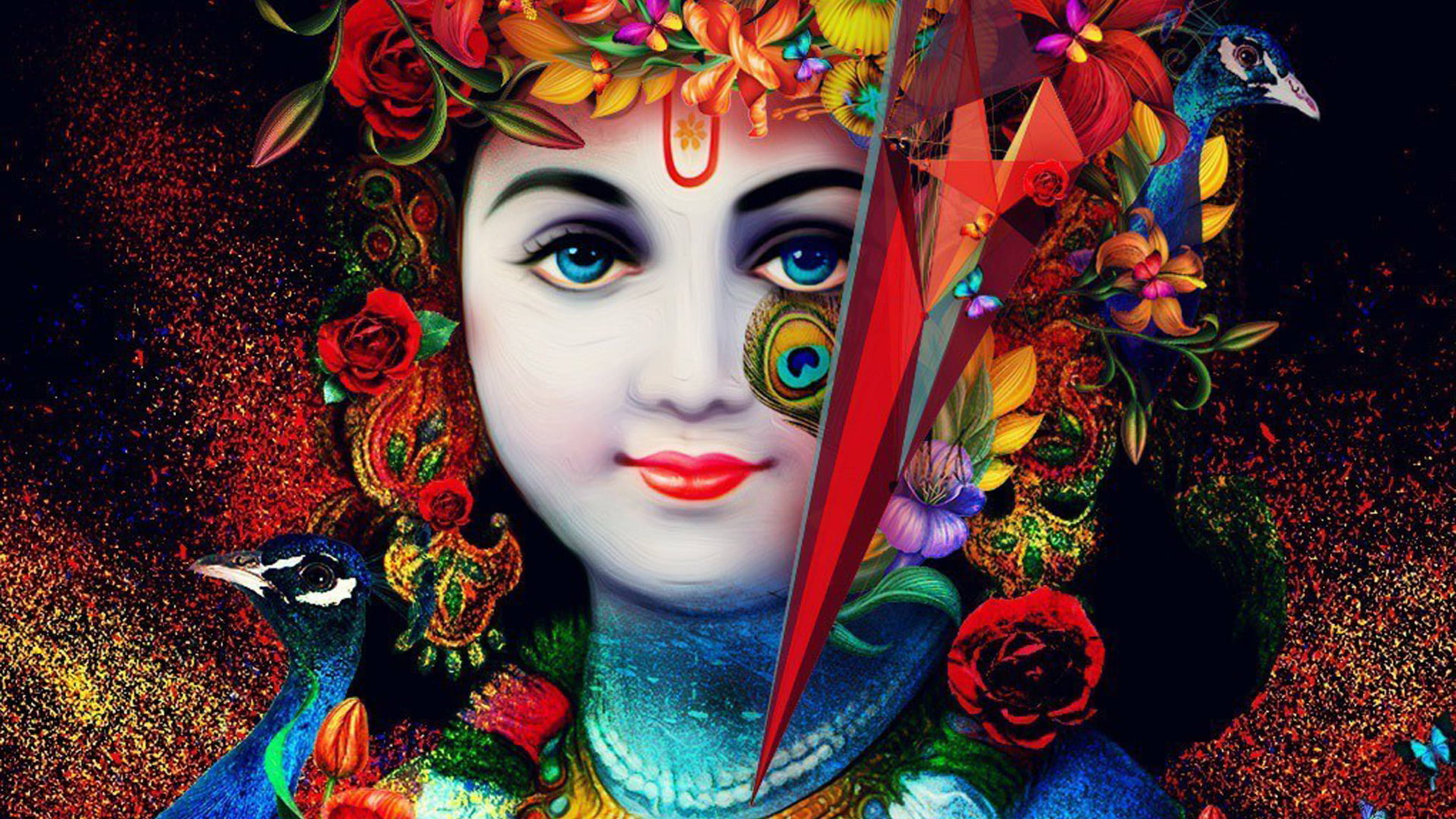 krishna ji 桌布 壁紙 — 一幅充滿活力的數碼肖像畫，描繪一位寧靜的女性，點綴著孔雀、花朵和紅色幾何碎片，背景是閃爍的深色。