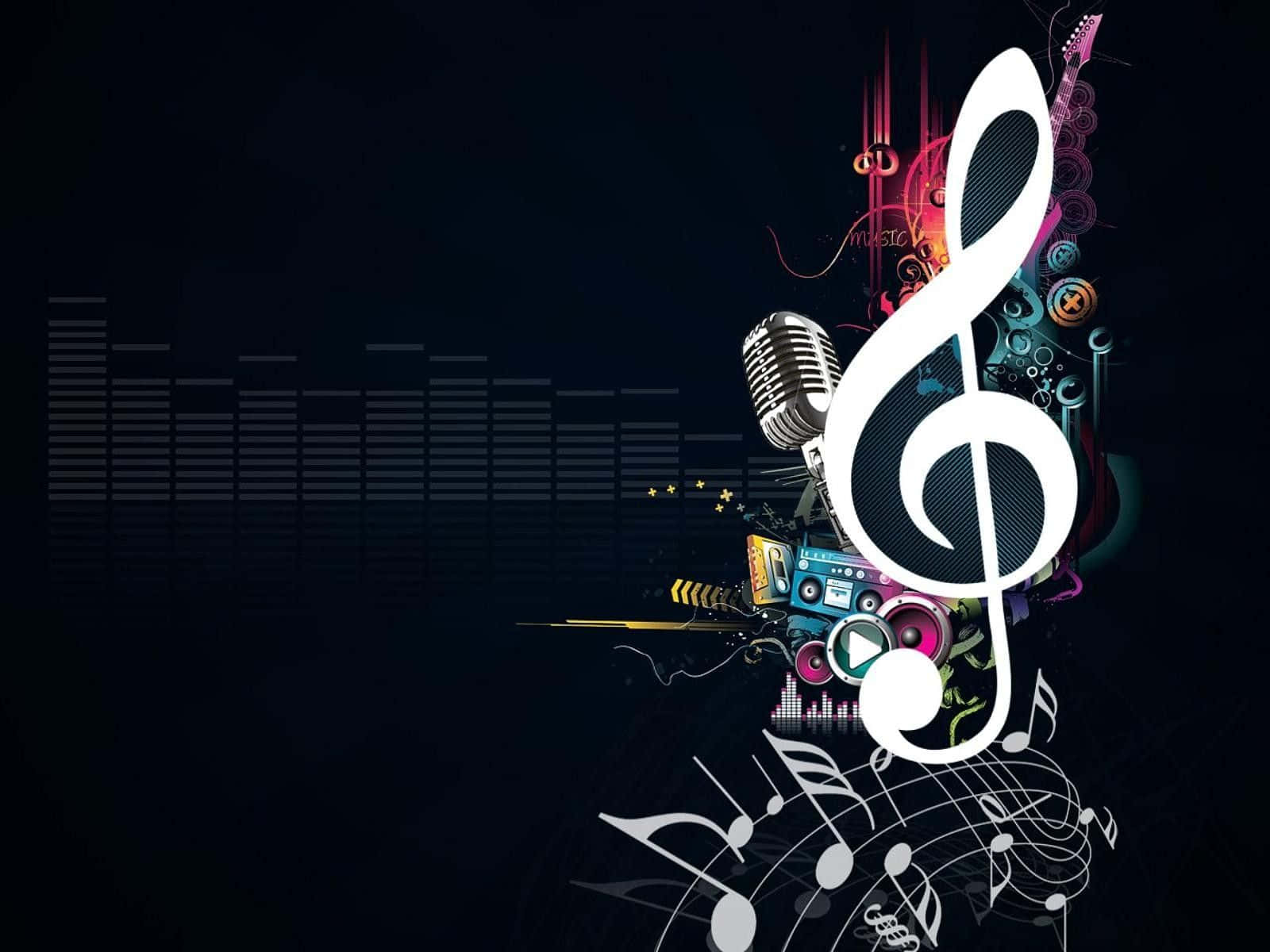 Musical 桌布 壁紙 — 一幅充滿活力的數碼藝術作品，以一個大型白色高音譜號為中心，周圍環繞著樂器和音符，背景為深色並帶有聲波條。