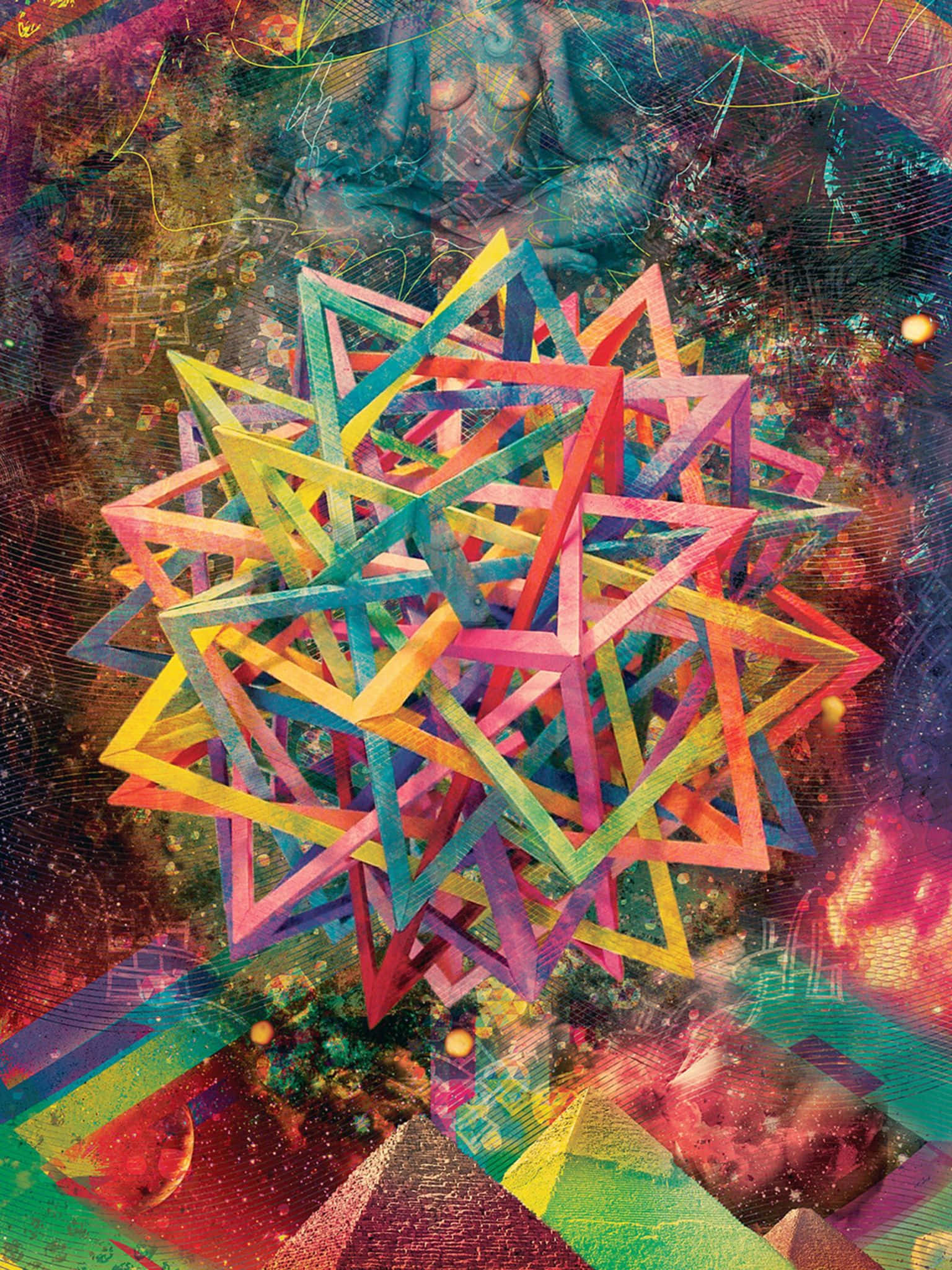 Psychedelic Grunge 桌布 壁紙 — 一幅充滿活力的數碼藝術作品，呈現一個複雜、多色的星形幾何結構，漂浮在帶有發光粒子和分層紋理的宇宙抽象背景中。