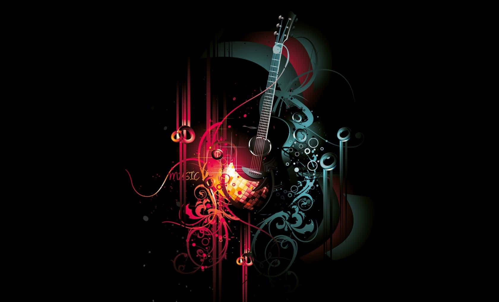Musical 桌布 壁紙 — 一幅充滿活力的數碼藝術作品，描繪一把電結他在黑色背景上散發著火紅和藍綠色的漩渦光芒。
