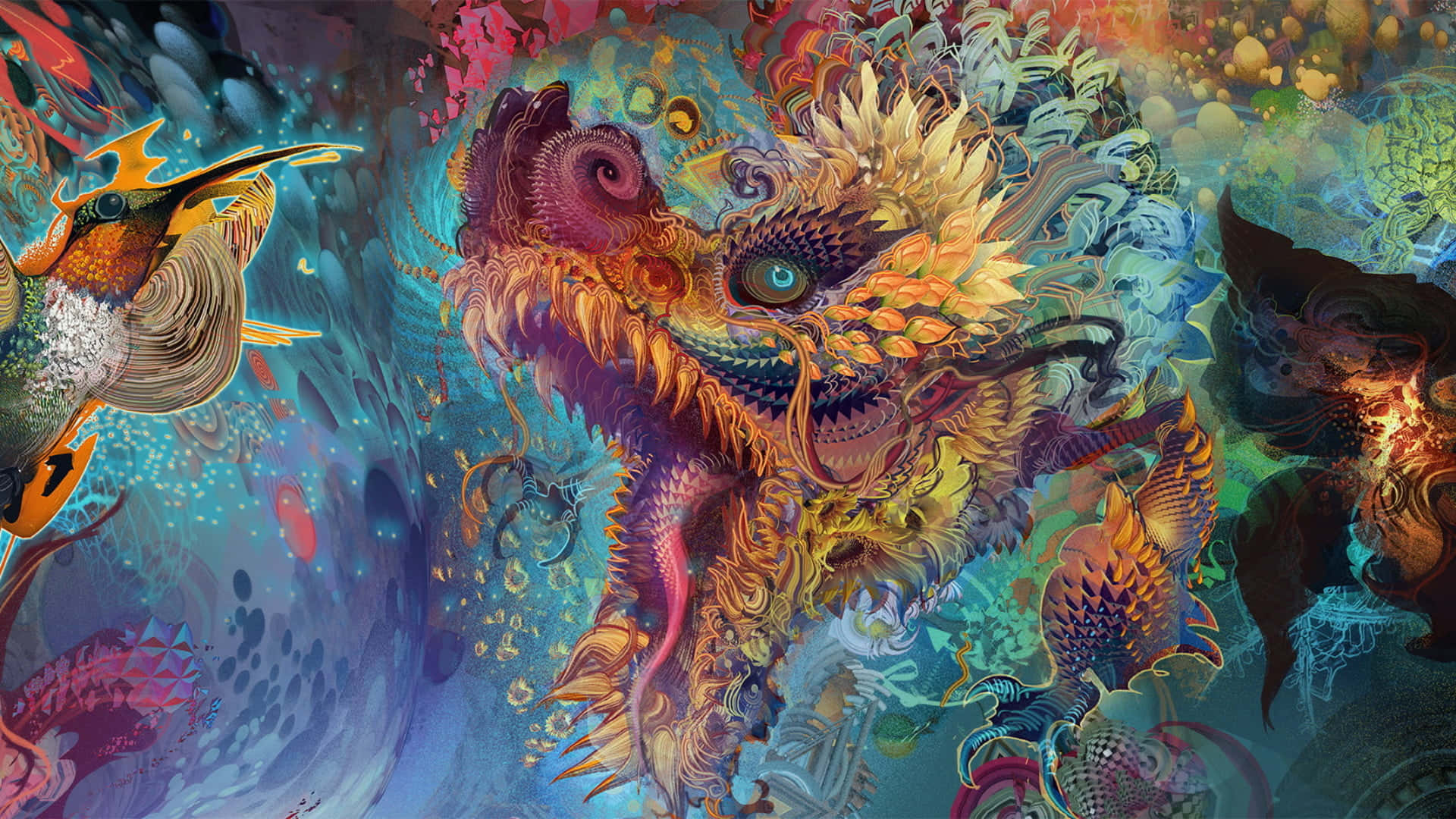 Trippy Art 桌布 壁紙 — 一幅充滿活力的數碼藝術作品，描繪一條帶有複雜圖案和發光眼睛的奇幻龍，被超現實、色彩繽紛的生物包圍在夢幻般的水下場景中。