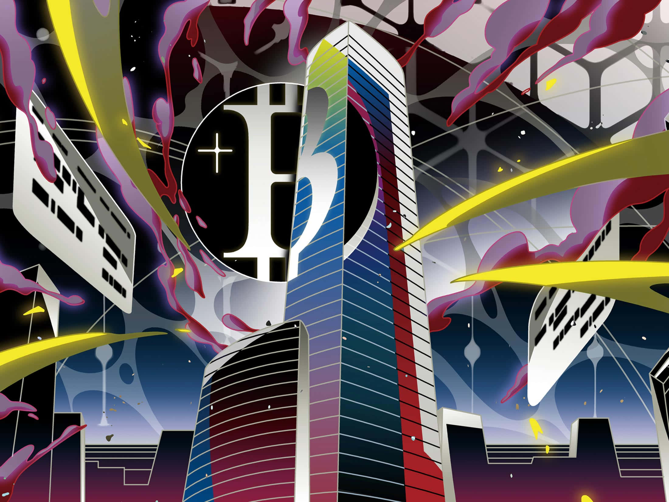 Promare 桌布 壁紙 — 一幅充滿活力的數碼藝術城市景觀，高聳的摩天大樓和黃色、紫色的霓虹燈條紋映襯在黑暗的天空中。