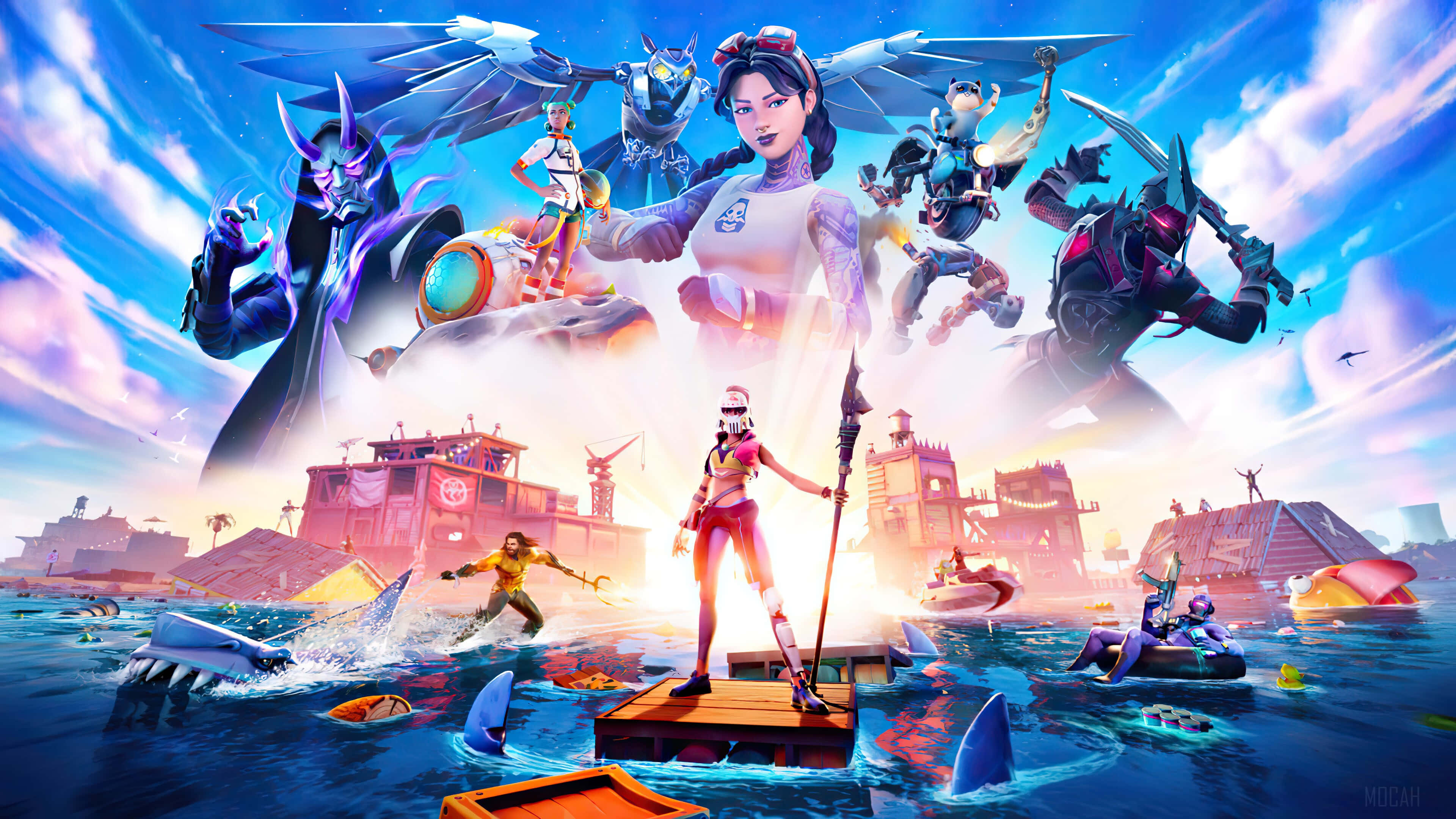 Fortnite - PC - PC - PC - PC - PC - P 壁紙 — 一幅充滿活力的數碼藝術場景，描繪《要塞英雄》角色在明亮的天空下，與鯊魚和漂浮結構進行混亂的海洋戰鬥。