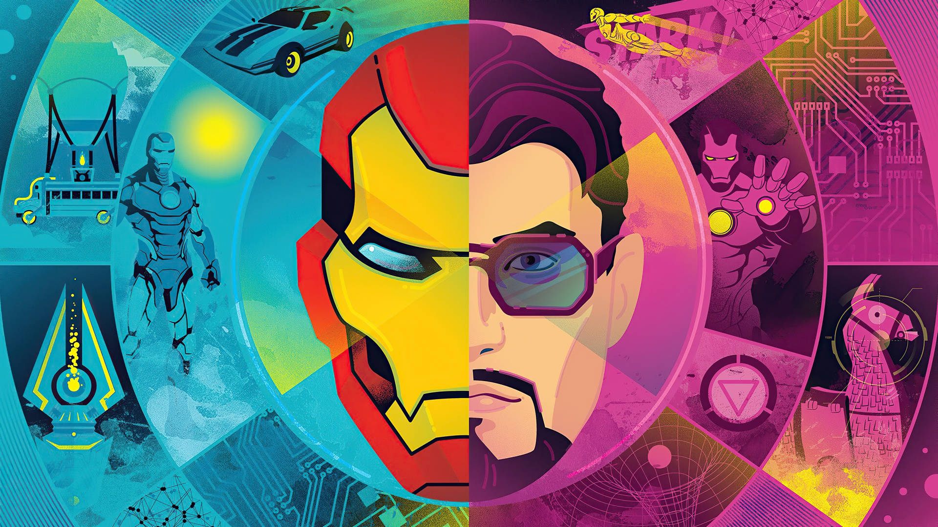tony stark 桌布 壁紙 — 一幅充滿活力的數碼藝術拼貼，在鐵甲奇俠的頭盔和臉部之間分割，周圍環繞著大膽色彩的科技和超級英雄圖標。