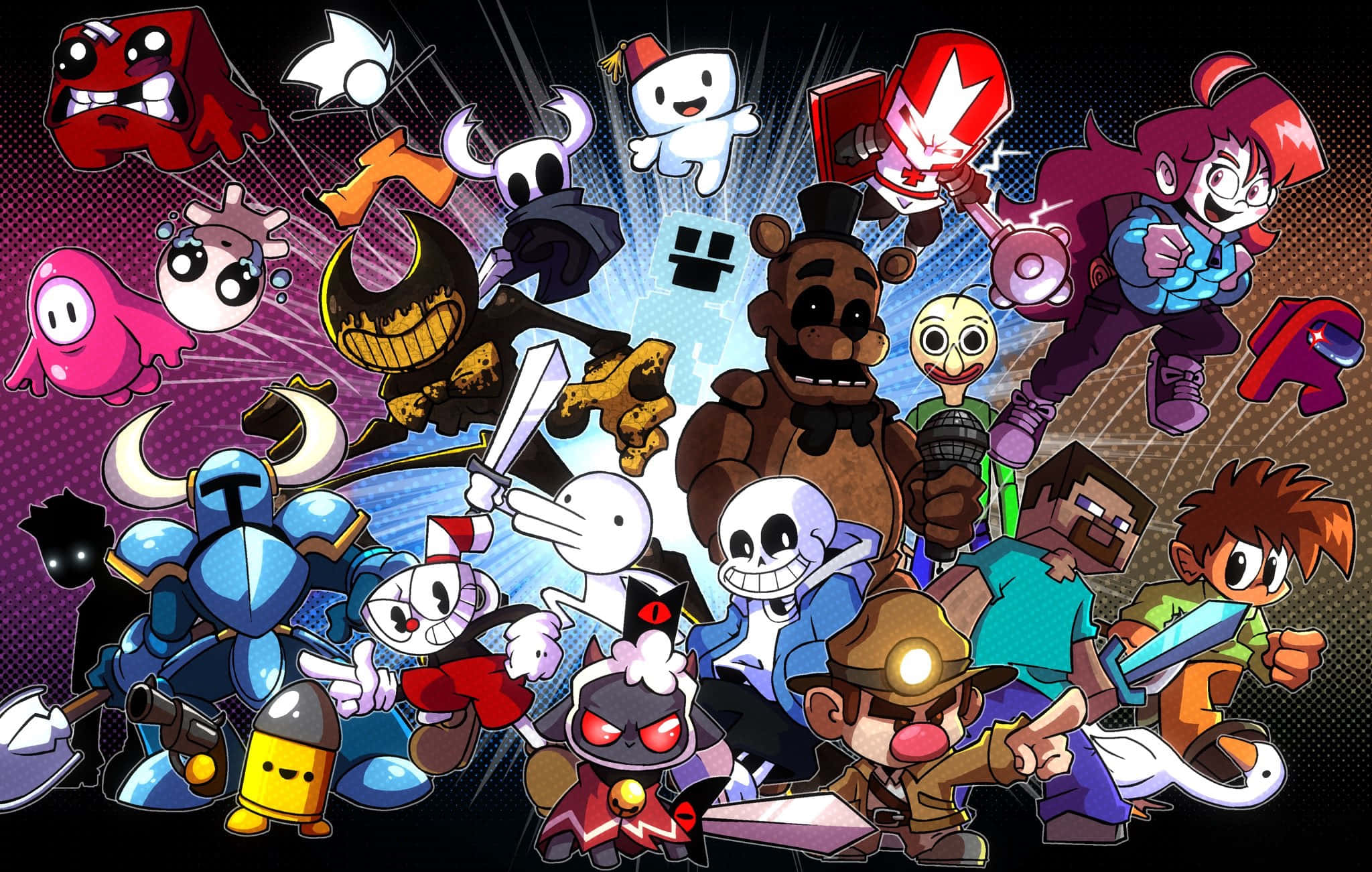 Indie Games 桌布 壁紙 — 一幅充滿活力的數碼藝術拼貼畫，描繪了標誌性遊戲角色在動態紫色和藍色背景下迸發能量。