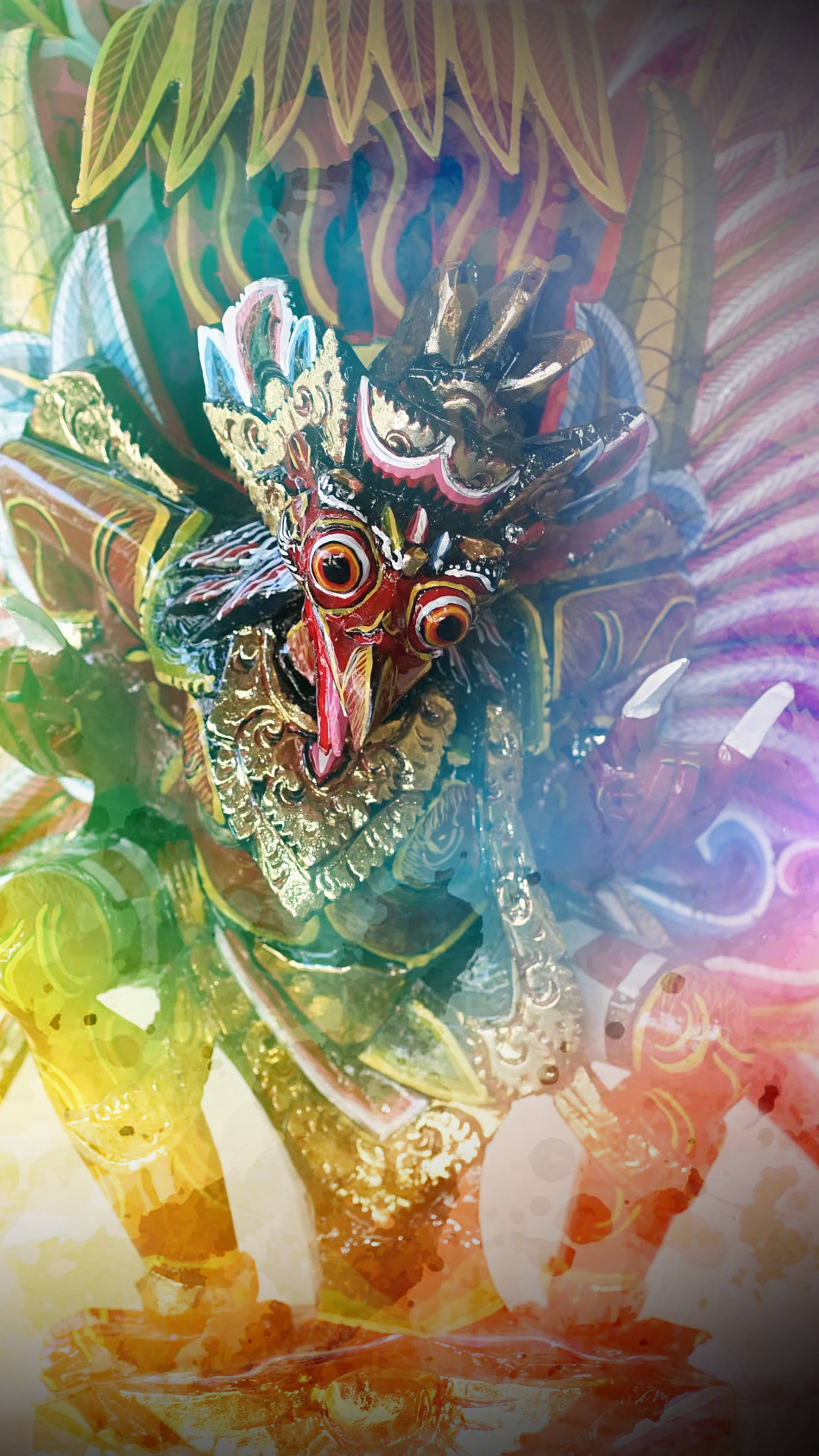 神 桌布 壁紙 — 一幅充滿活力的數碼藝術描繪，展示神話中的峇里島巴龍生物，飾有華麗的金色盔甲和流動的彩虹翅膀。
