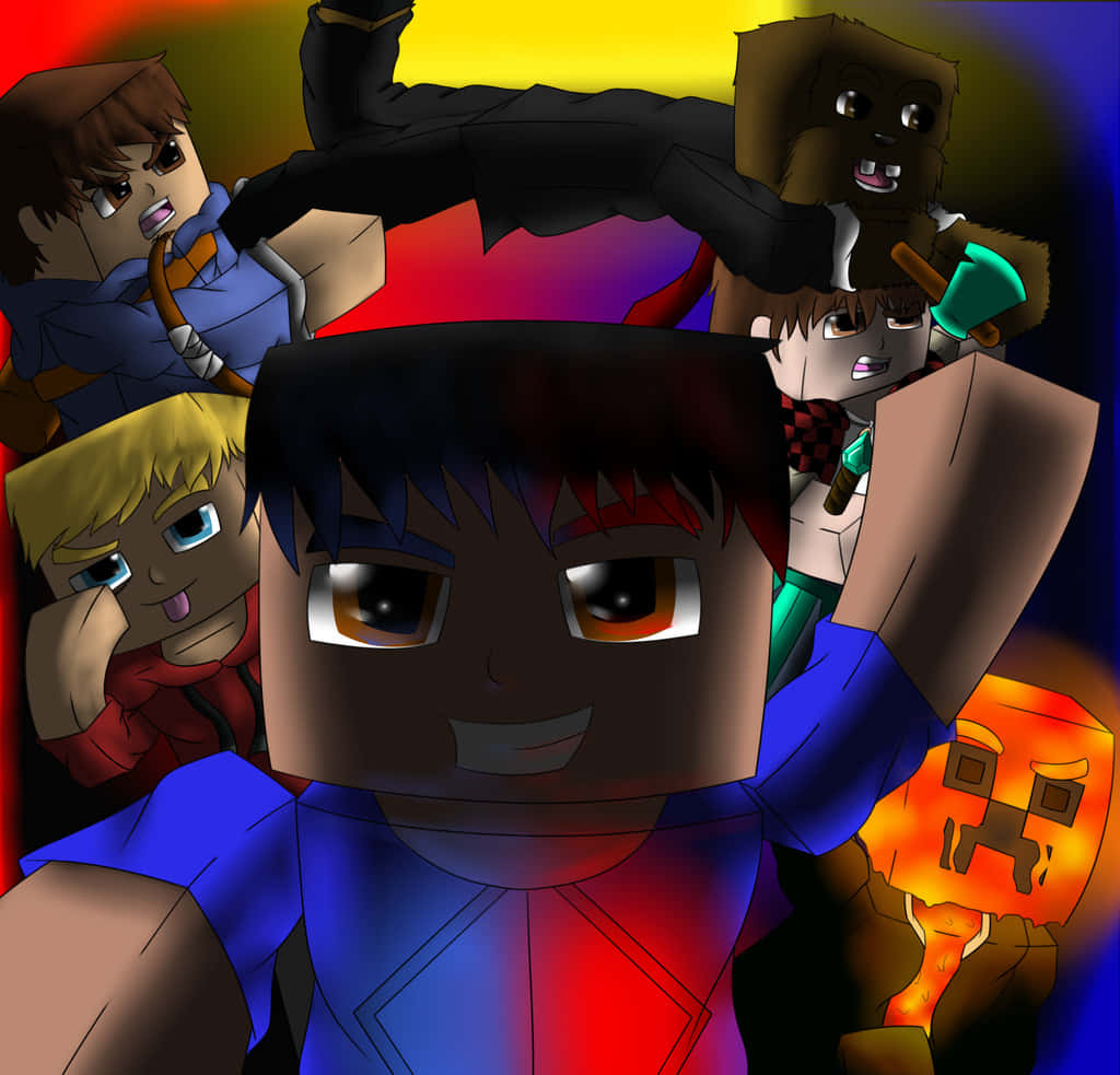 Minecraft Youtubers 桌布 壁紙 — 一幅充滿活力的數碼藝術插圖，描繪了方塊狀的動漫角色，帶有發光的眼睛和色彩繽紛的燈光。