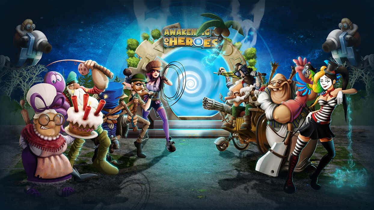 Moba Games 桌布 壁紙 — 一幅充滿活力的數碼藝術插圖，描繪了各種卡通英雄和反派聚集在一個發光的傳送門周圍，上面有一個生日蛋糕。