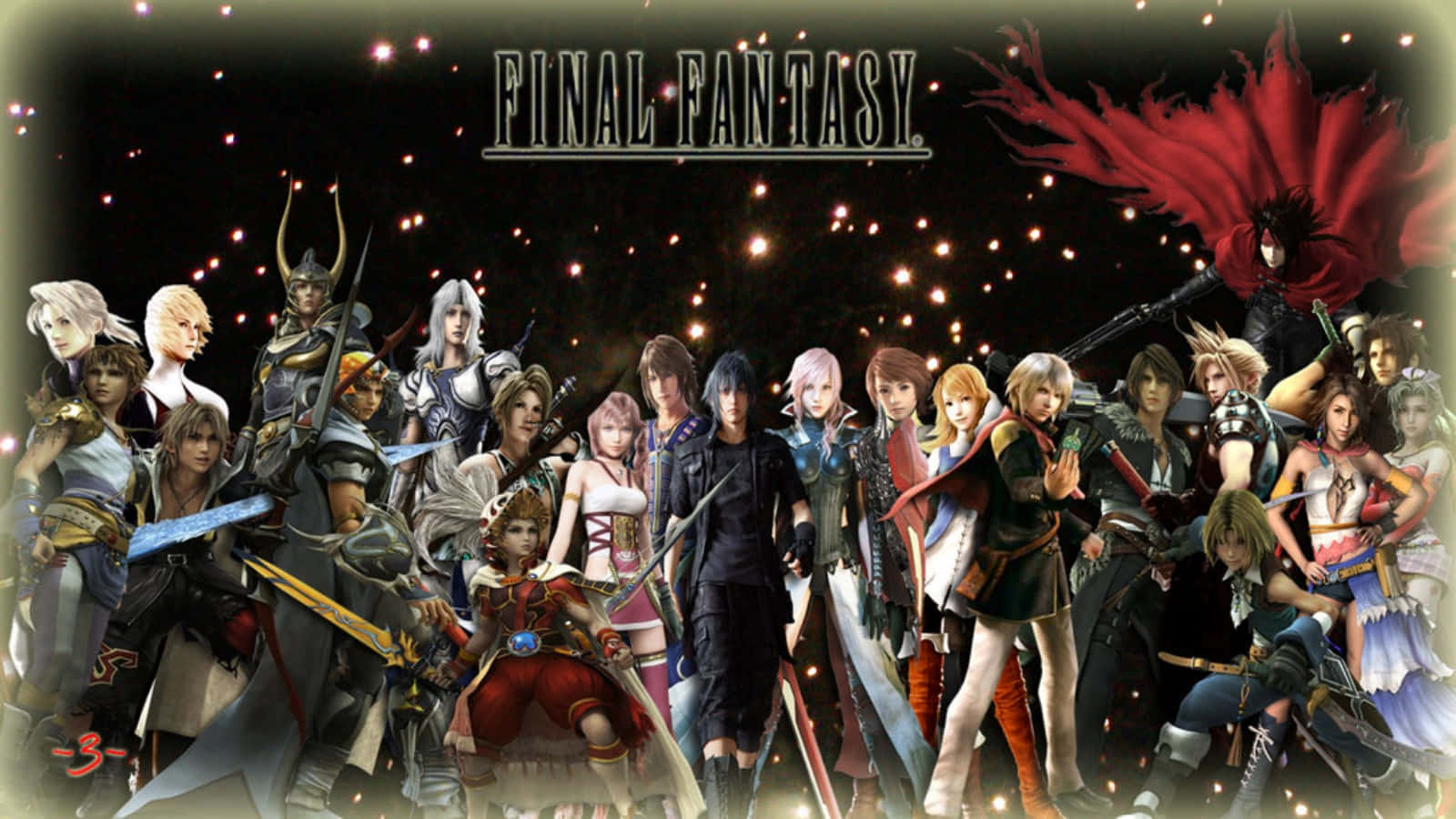 Final Fantasy Characters 桌布 壁紙 — 一幅充滿活力的數碼藝術牆紙，描繪了標誌性的Final Fantasy角色在星光燦爛的夜空下英勇站立，伴隨著發光的粒子。