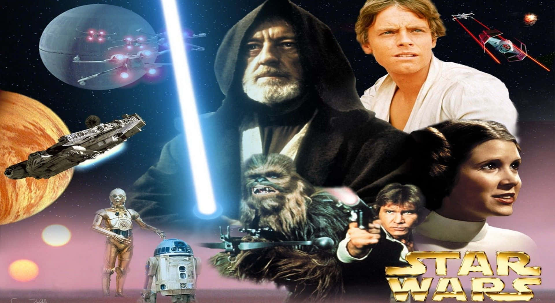 A New Hope 桌布 壁紙 — 一幅充滿活力的星戰角色與太空船拼貼畫，背景為宇宙，包含行星與星艦。