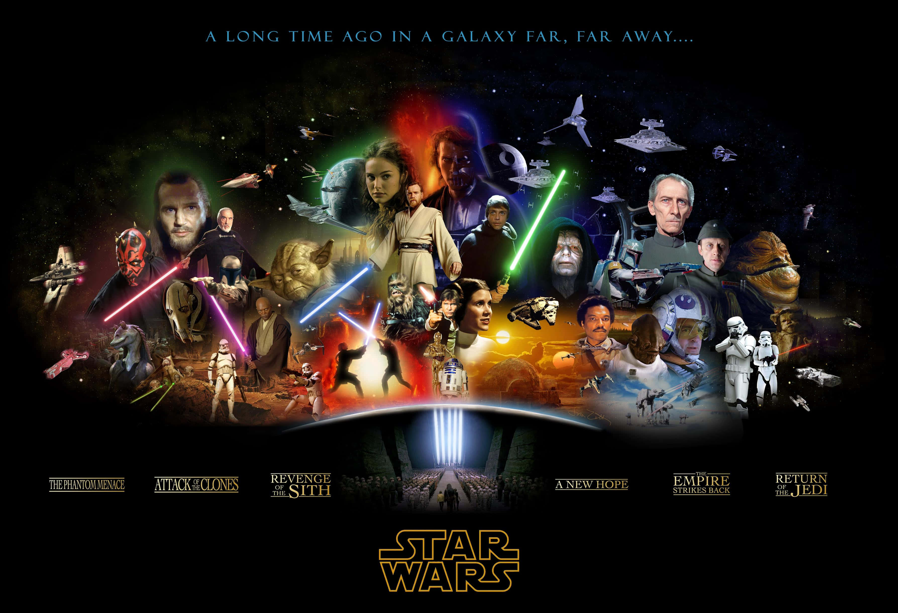 Qui-gon Jinn 桌布 壁紙 — 一幅充滿活力的星際大戰角色和飛船拼貼畫，背景是宇宙，帶有發光的光劍和電影標題。