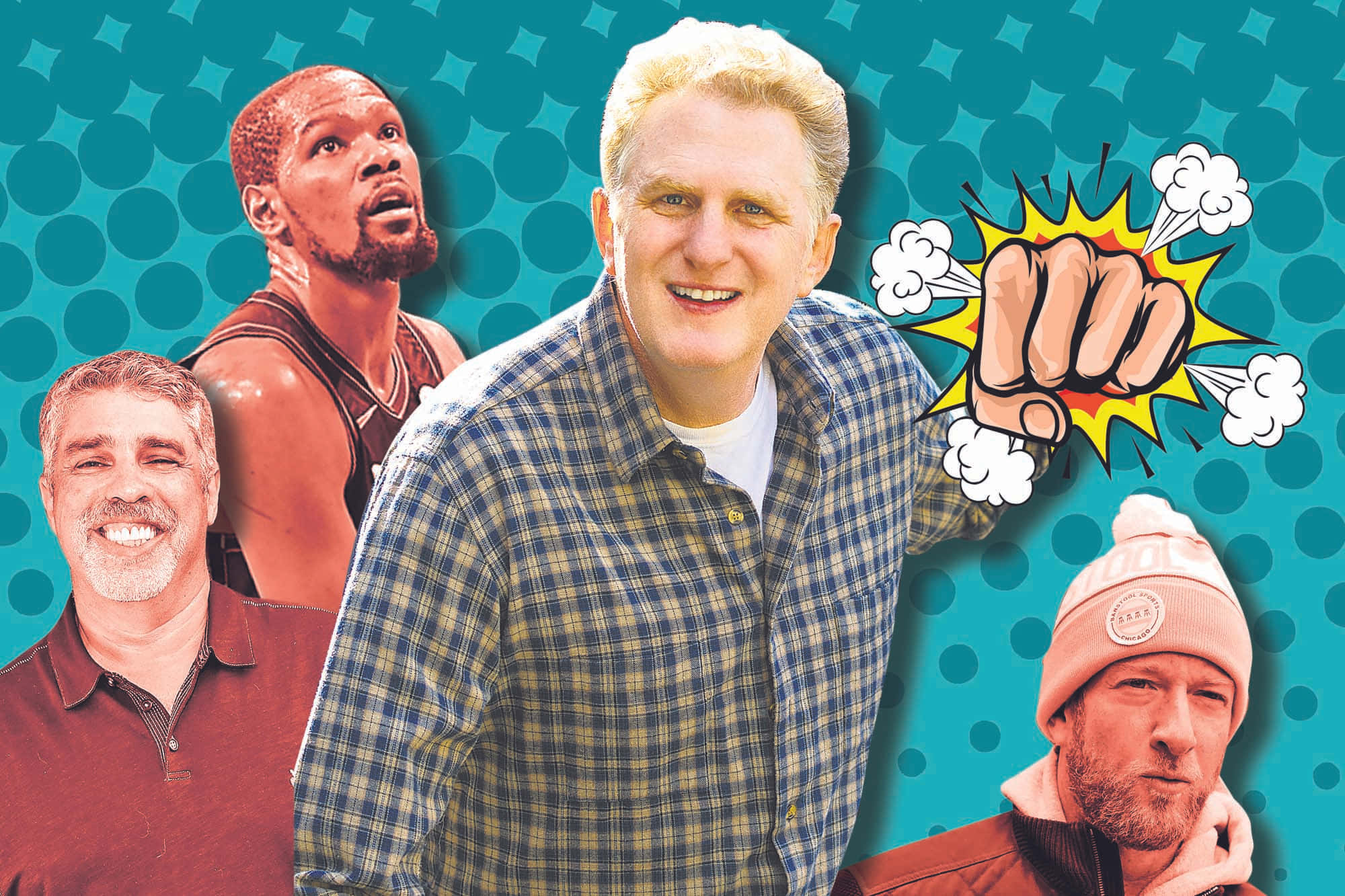 Michael Rapaport 桌布 壁紙 — 一幅充滿活力的普普藝術拼貼畫，描繪四個男人，背景是青綠色圓點，帶有漫畫爆炸圖形。