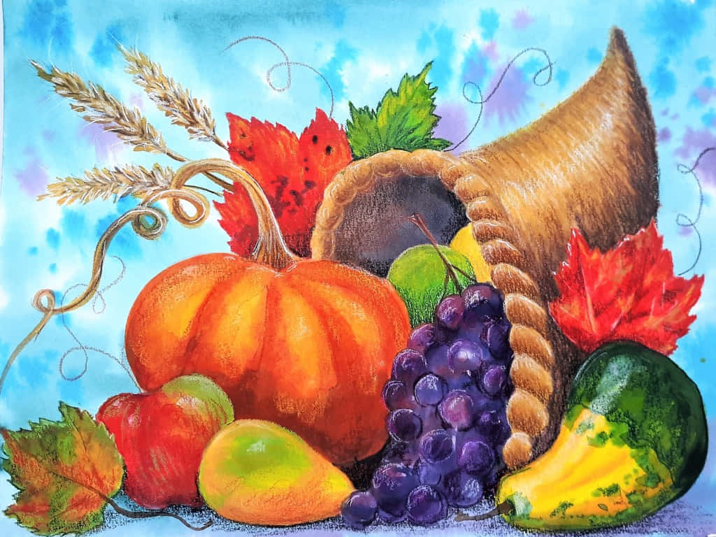 Fall Cornucopia 桌布 壁紙 — 一幅充滿活力的水彩靜物畫，描繪了秋季豐收的豐富物產，包括南瓜、葡萄、南瓜和豐饒角，背景是藍天。