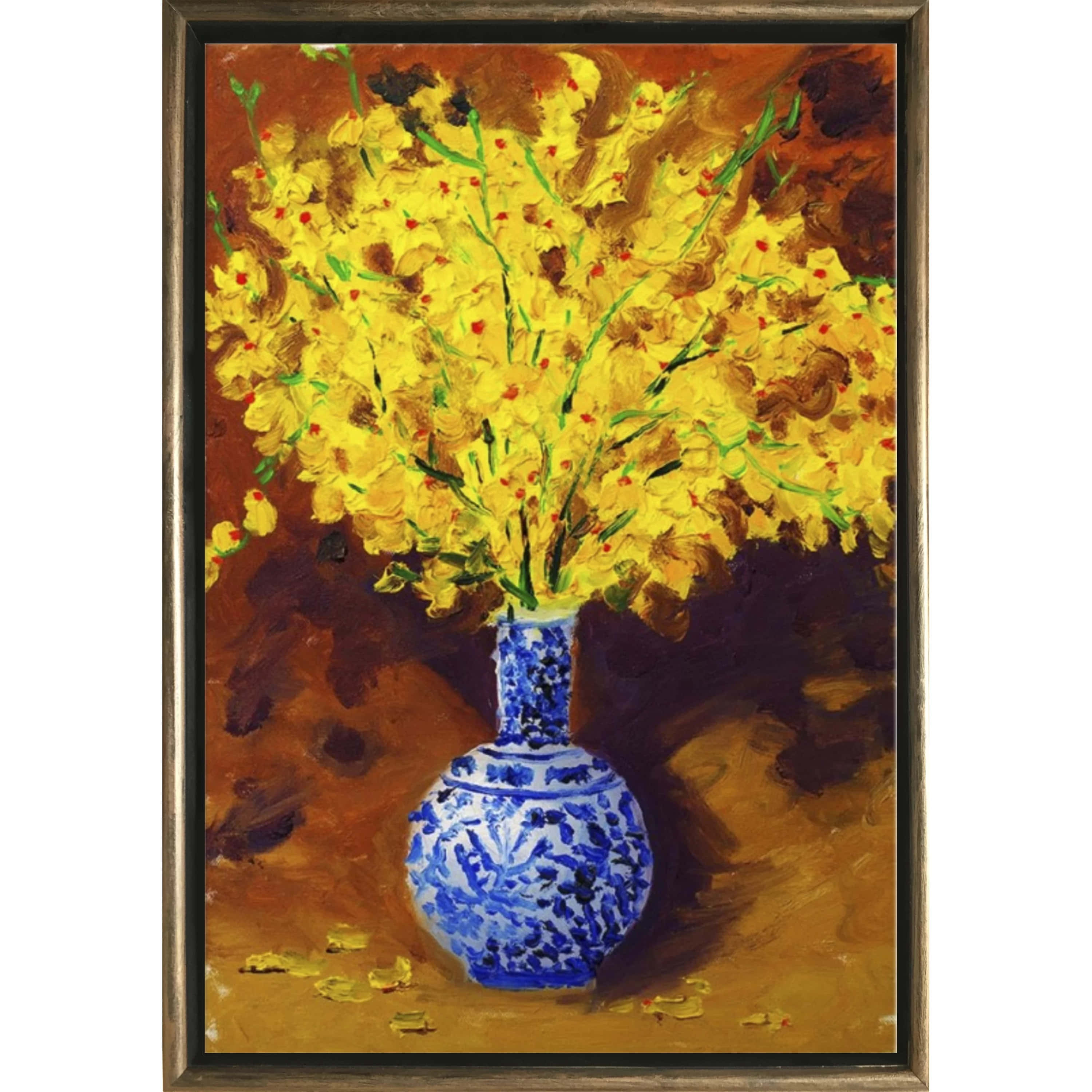 Yellow Art 桌布 壁紙 — 一幅充滿活力的油畫，描繪了一個藍白圖案的花瓶，在溫暖的棕色背景下盛開著鮮黃色的花朵。