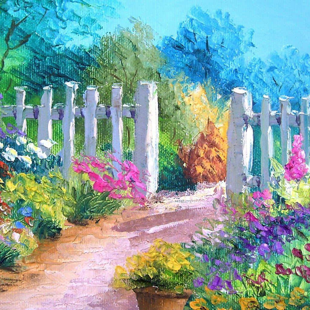 Beautiful Painting 桌布 壁紙 — 一幅充滿活力的油畫，描繪了一條陽光普照的花園小徑，兩旁是白色尖樁籬笆，綻放著色彩繽紛的花朵。