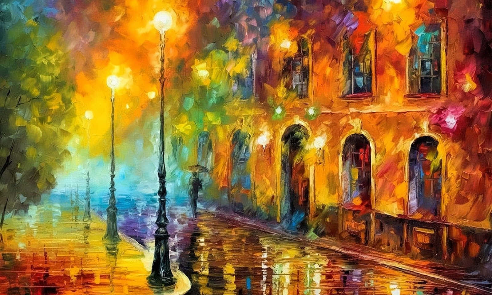 Abstract Expressionism 桌布 壁紙 — 一幅充滿活力的油畫，描繪雨夜的城市街道，發光的街燈映照在潮濕的人行道和色彩繽紛的建築物上。