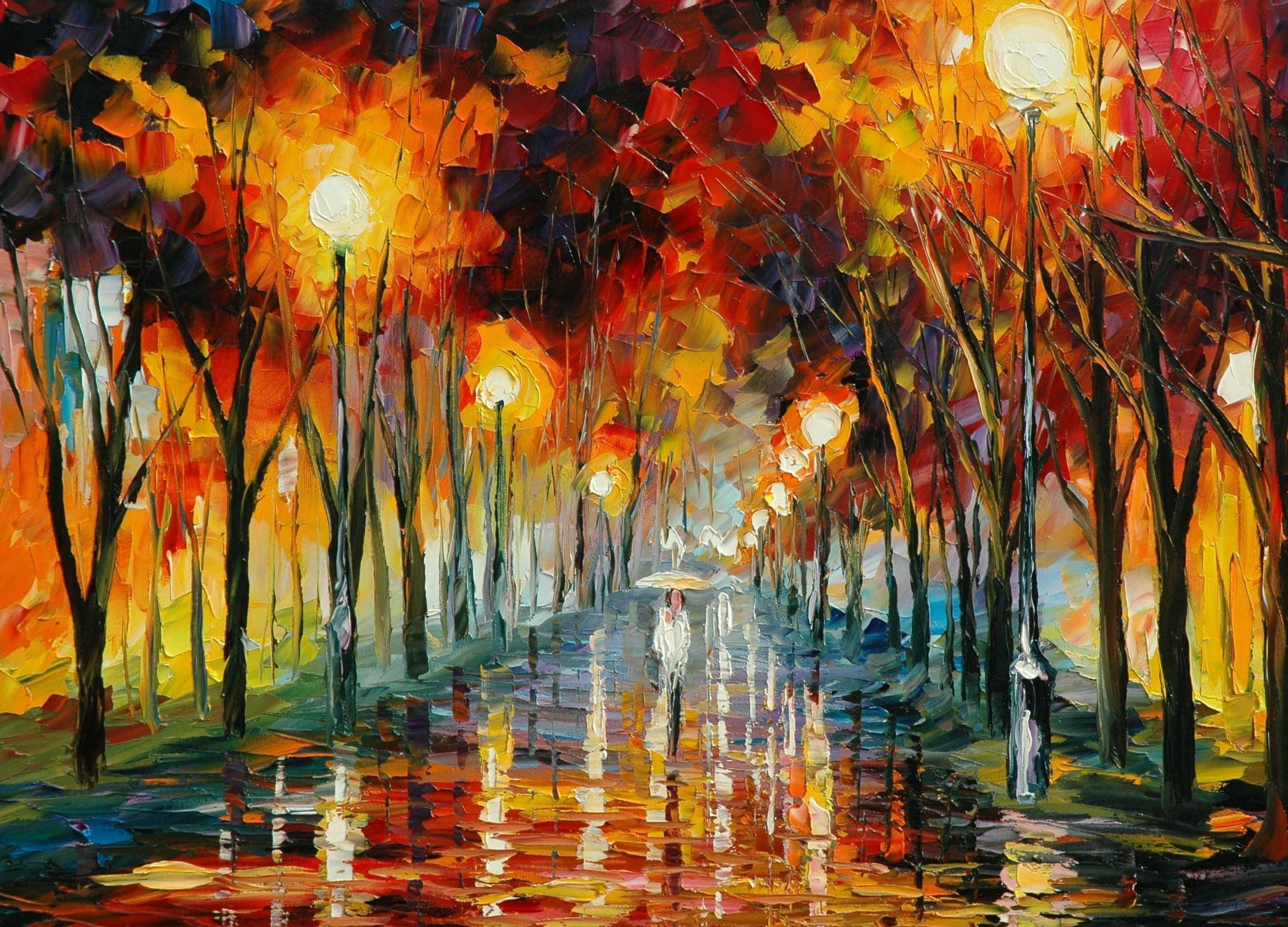 Visual Art 桌布 壁紙 — 一幅充滿活力的油畫描繪了一個孤獨的身影撐著傘，沿著一條潮濕、反光的小路行走，小路兩旁是秋樹，在街燈下閃耀。