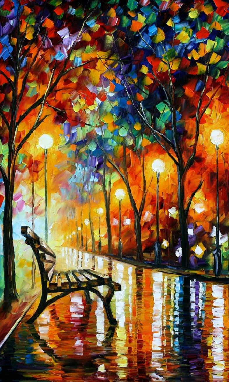 Autumn Evening 桌布 壁紙 — 一幅充滿活力的油畫描繪了一個雨天的秋夜，一張孤獨的長椅在色彩繽紛的樹木下，倒映在濕漉漉的路面上。