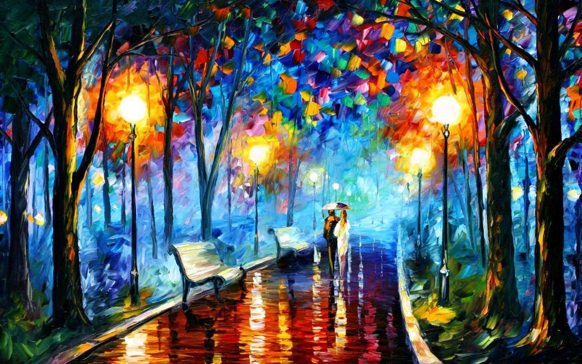 抽象藝術 桌布 壁紙 — 一幅充滿活力的油畫描繪了一對情侶在雨傘下，沿著一條被雨水浸濕、兩旁有發光路燈和色彩繽紛樹木的公園小徑行走。