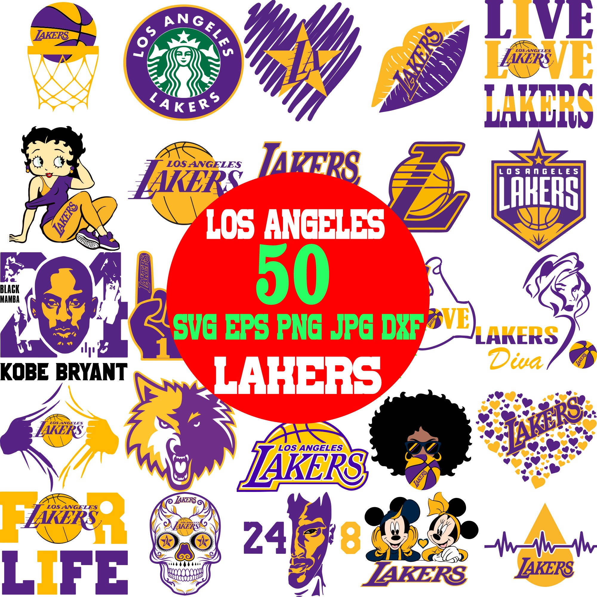 NBA 桌布 壁紙 — 一幅充滿活力的洛杉磯湖人隊主題圖形拼貼畫，包含紫色和金色的標誌、吉祥物和粉絲藝術。
