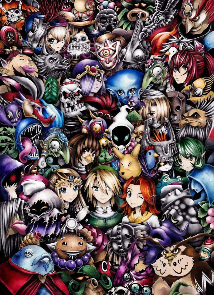 The Legend Of Zelda Characters 桌布 壁紙 — 一幅充滿活力的混亂拼貼畫，包含各種表情和色彩繽紛設計的動漫角色與怪物。