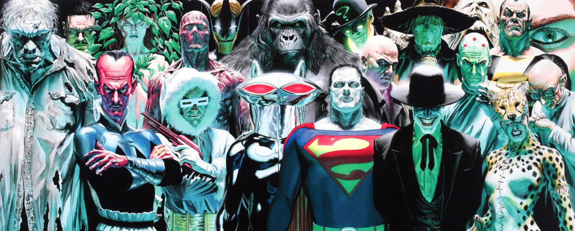 Supervillain Team-up 桌布 壁紙 — 一幅充滿活力的漫畫插圖，以鮮豔色彩和戲劇性姿勢呈現一排令人畏懼的經典DC反派與英雄。