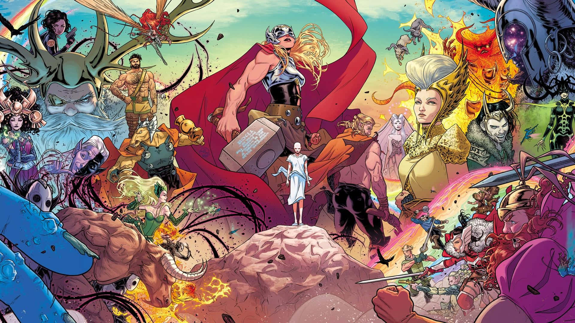 Jane Foster 桌布 壁紙 — 一幅充滿活力的漫畫插圖，充滿了超級英雄和神話生物，擺出動態的戰鬥姿勢。