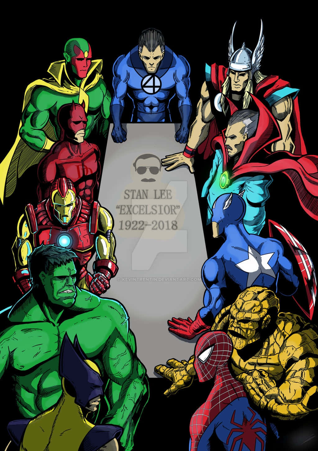 Stan Lee Tribute 桌布 壁紙 — 一幅充滿活力的漫畫插圖，描繪Marvel超級英雄聚集在紀念Stan Lee的墓碑周圍。