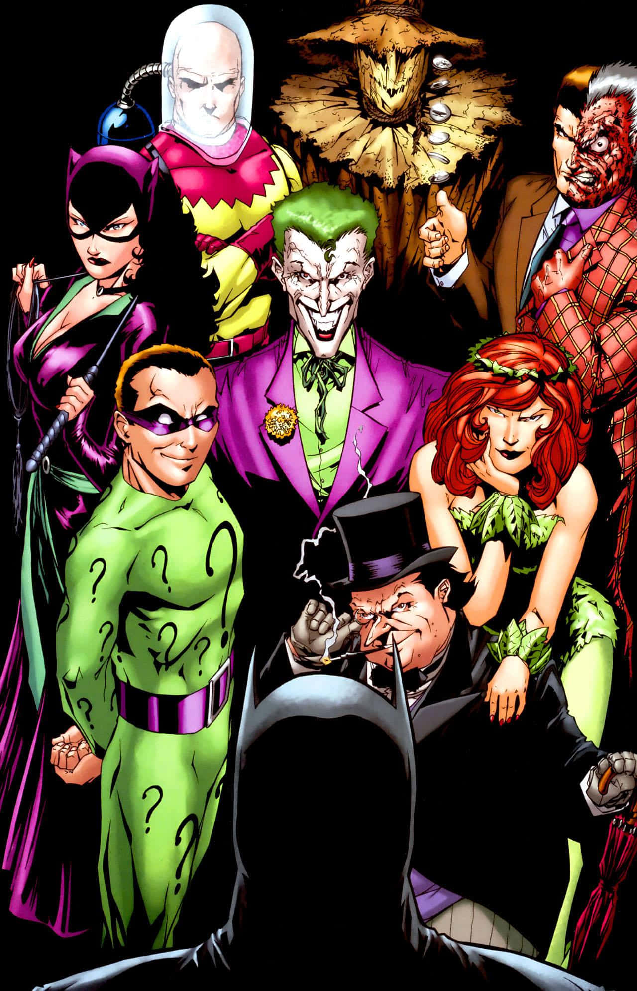 Cartoon Villains 桌布 壁紙 — 一幅充滿活力的漫畫插圖，描繪蝙蝠俠以戲劇性的群體姿勢面對其標誌性的反派畫廊。