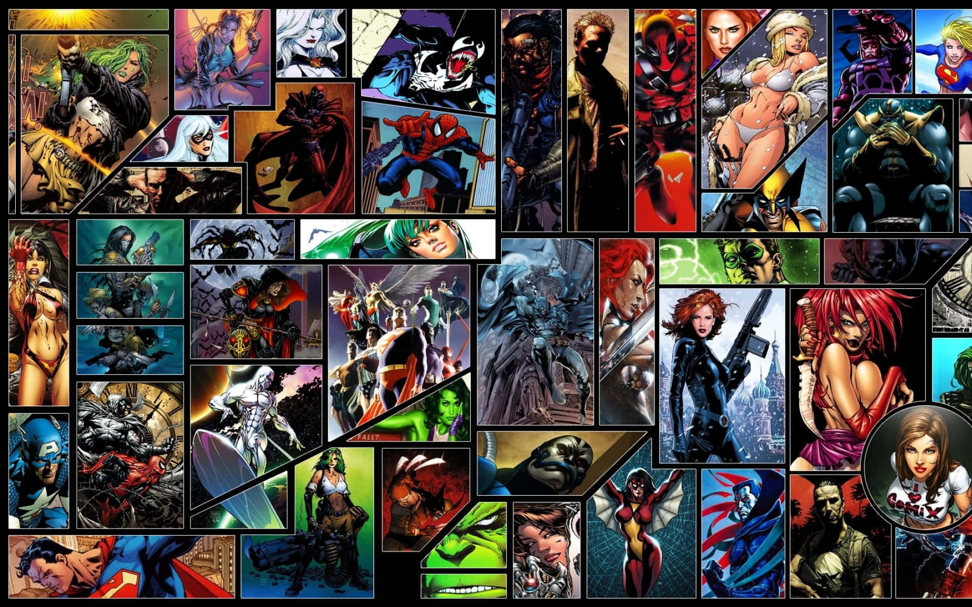 Venom Comic Book 桌布 壁紙 — 一幅充滿活力的漫畫超級英雄和反派在色彩繽紛的畫面中擺出動態姿勢的拼貼畫。
