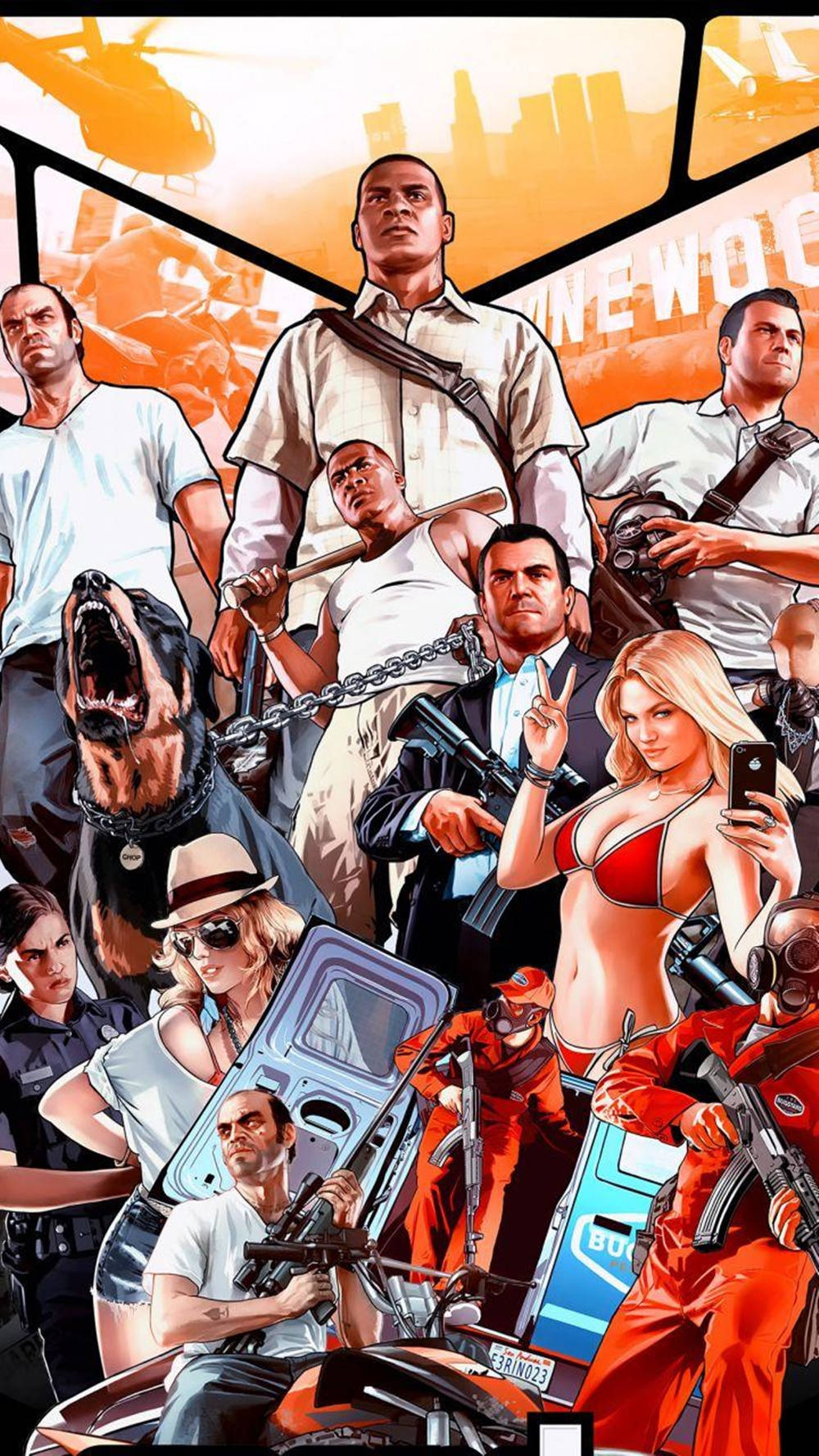 Grand Theft Auto V 桌布 壁紙 — 一幅充滿活力的漫畫風格拼貼畫，描繪GTA角色在都市混亂中手持武器和一隻咆哮的狗。