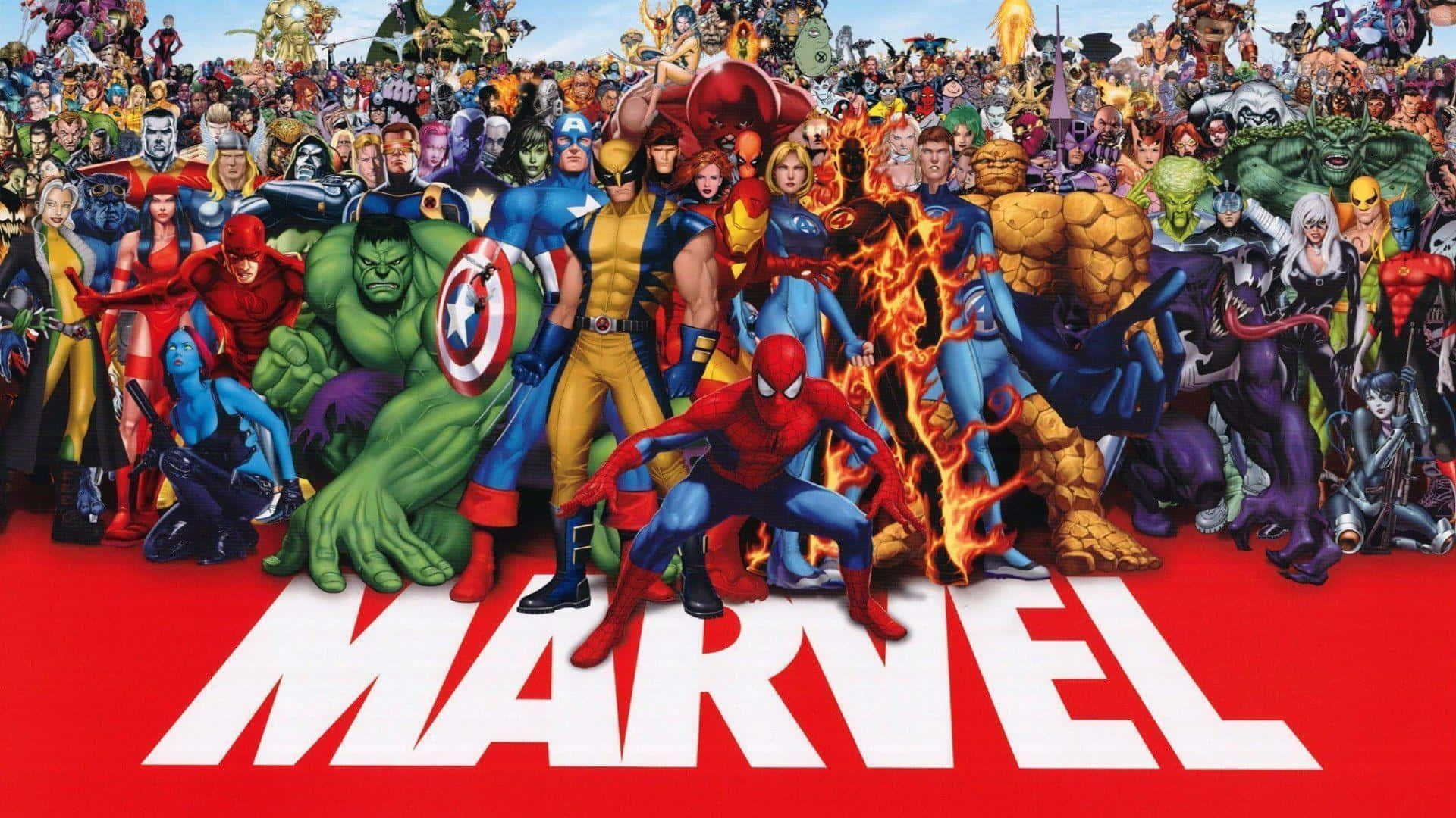 Animated Superhero Movies 桌布 壁紙 — 一幅充滿活力的漫畫風格拼貼畫，數百位Marvel超級英雄和反派在鮮紅色背景上英勇地擺出姿勢，並以大型白色字母寫上MARVEL字樣。