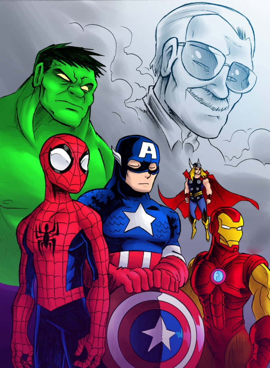 Stan Lee Tribute 桌布 壁紙 — 一幅充滿活力的漫畫風格插圖，描繪蜘蛛俠、美國隊長、鐵甲奇俠、變形俠醫、雷神，以及史丹·李懸浮在他們上方的肖像。