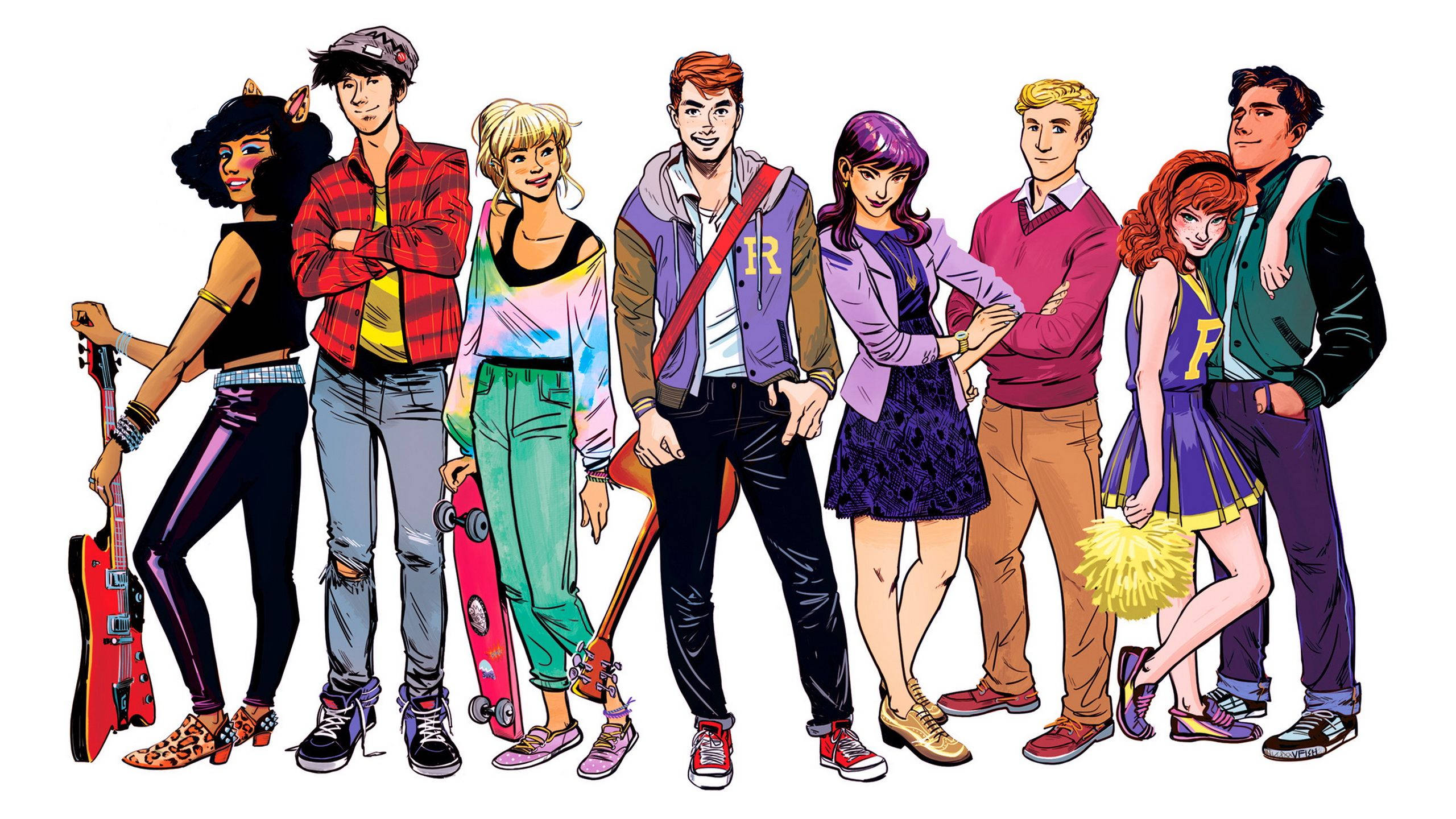 archie comics 桌布 壁紙 — 一幅充滿活力的漫畫風格插圖，描繪了八位不同風格的青少年自信地擺出姿勢，手持結他、滑板及啦啦隊彩球。