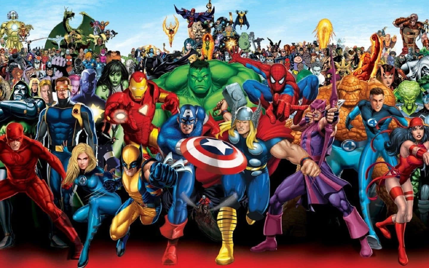 Earth's Mightiest Heroes 桌布 壁紙 — 一幅充滿活力的漫畫風格插圖，描繪了數百名超級英雄和反派在明亮的藍天下英勇地擺出姿勢。