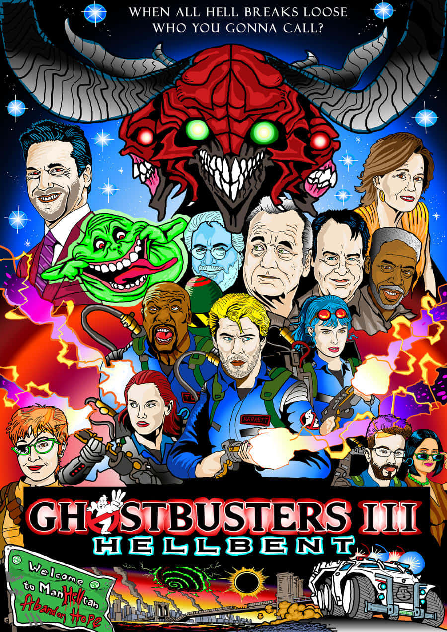 Ghostbusters 桌布 壁紙 — 一幅充滿活力的漫畫風格海報，為《捉鬼敢死隊III 地獄之門》而設，描繪團隊與Slimer在宇宙背景下與巨型紅色惡魔戰鬥。