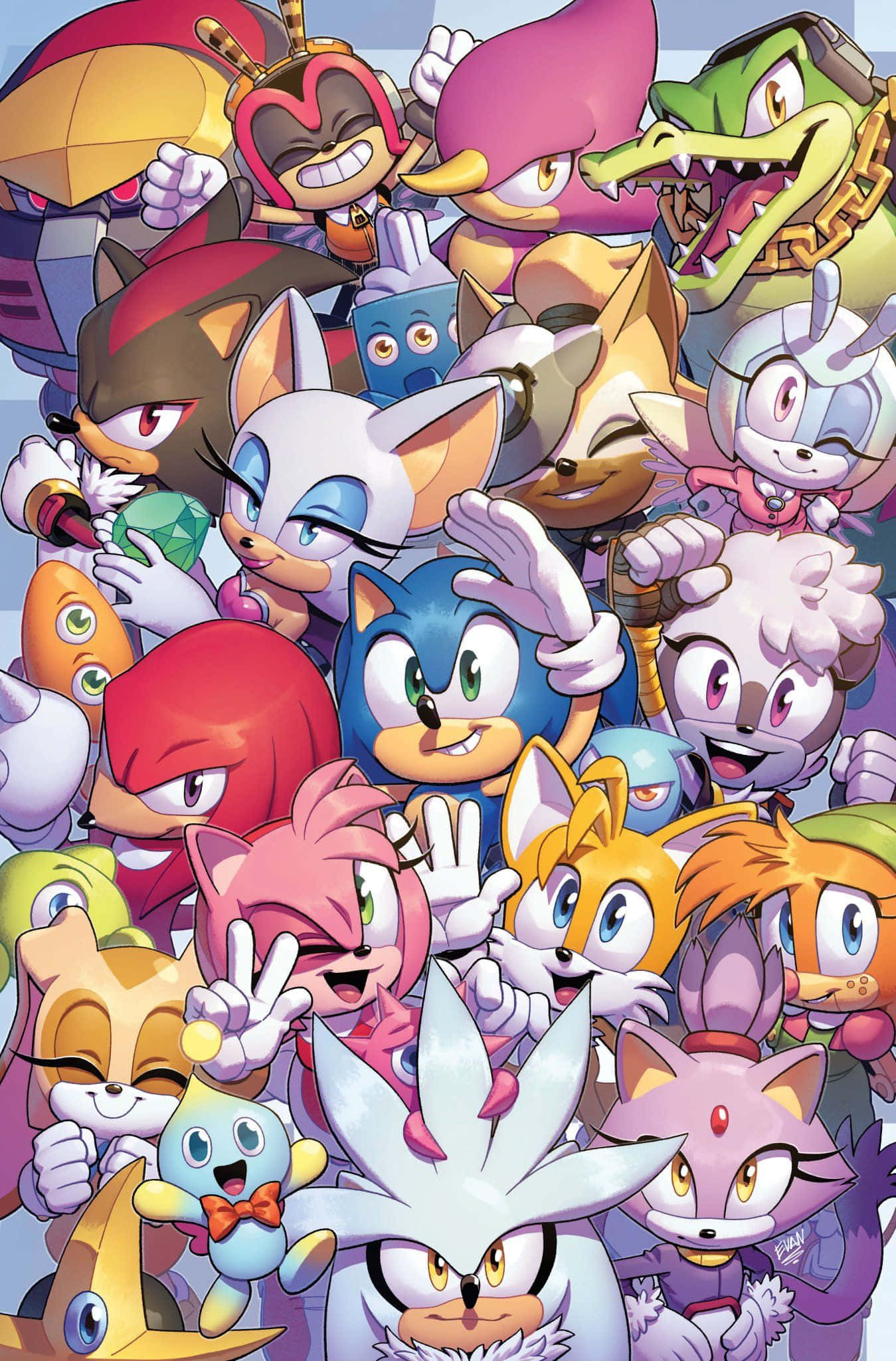 Sonic Characters 桌布 壁紙 — 一幅充滿活力的漫畫風格群體肖像，描繪了超音鼠和他色彩繽紛的擬人化動物朋友們精力充沛地擺出姿勢。