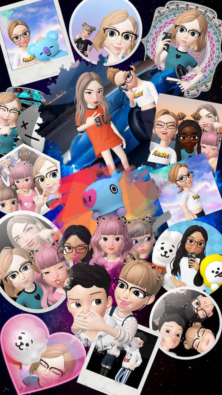 Zepeto 桌布 壁紙 — 一幅充滿活力的漫畫風格自拍拼貼畫，以宇宙為背景，展現戴眼鏡的多樣化角色和可愛動物。