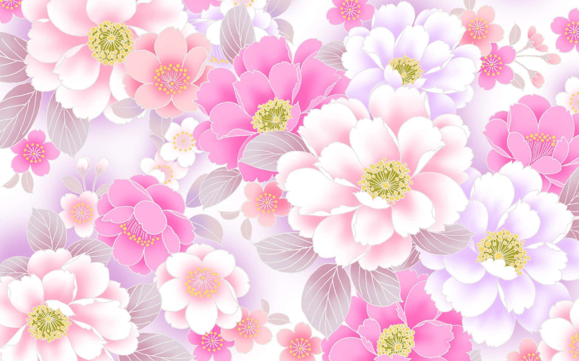 Flower Art 桌布 壁紙 — 一幅充滿活力的牆紙，上面有盛開的粉紅色和白色牡丹，帶有黃色花心和柔軟的灰色葉子，背景是淺紫色漸變。