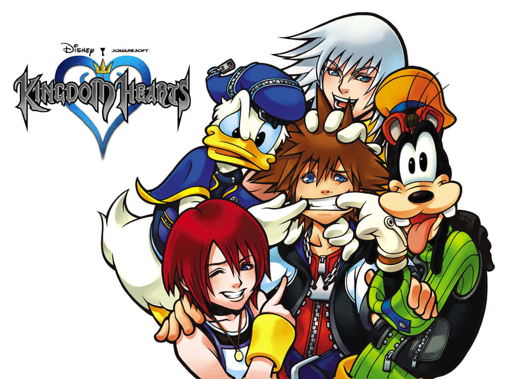 Kingdom Hearts Characters 桌布 壁紙 — 一幅充滿活力的王國之心群像，描繪索拉、唐老鴨、高飛、里克和凱莉以動態動畫姿勢登場。