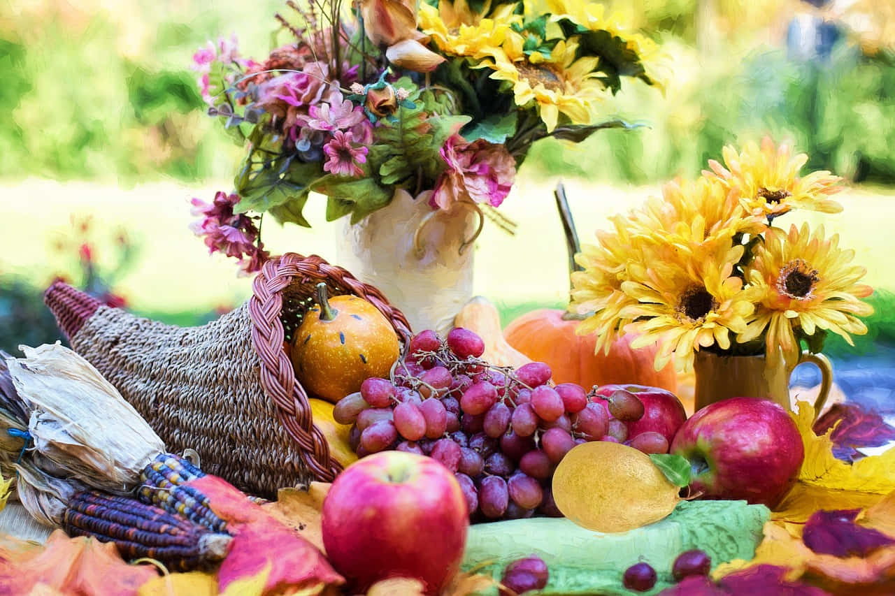 Fall Cornucopia 桌布 壁紙 — 一幅充滿活力的秋季靜物畫，以南瓜、葡萄、蘋果、向日葵和玉米為特色，放在豐饒角中，周圍環繞著色彩繽紛的秋葉。