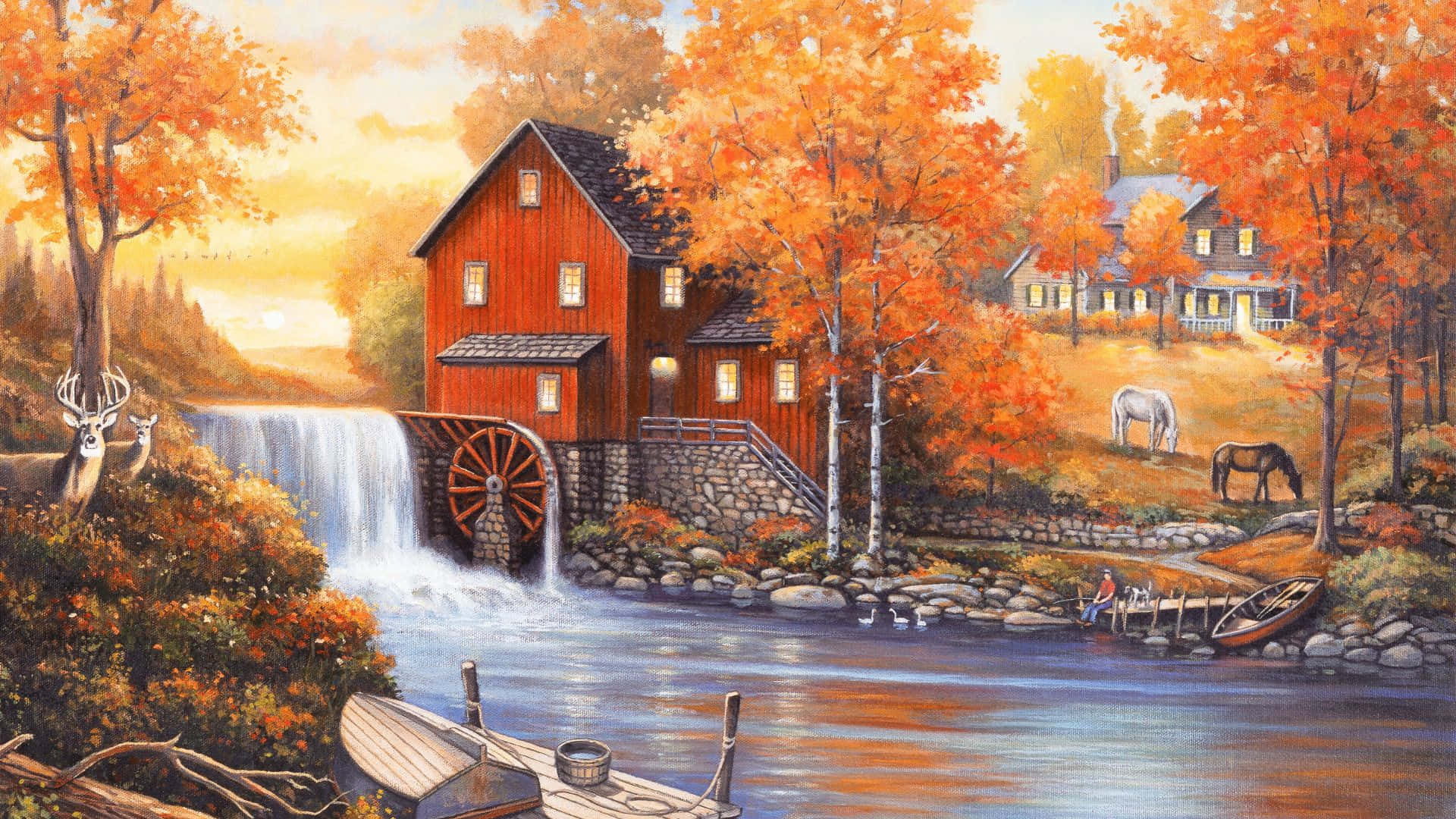 Fall Sunset 桌布 壁紙 — 一幅充滿活力的秋日景象，展示了一座紅色水磨坊，旁邊是層疊瀑布，周圍環繞著火紅色的樹木和吃草的馬匹。