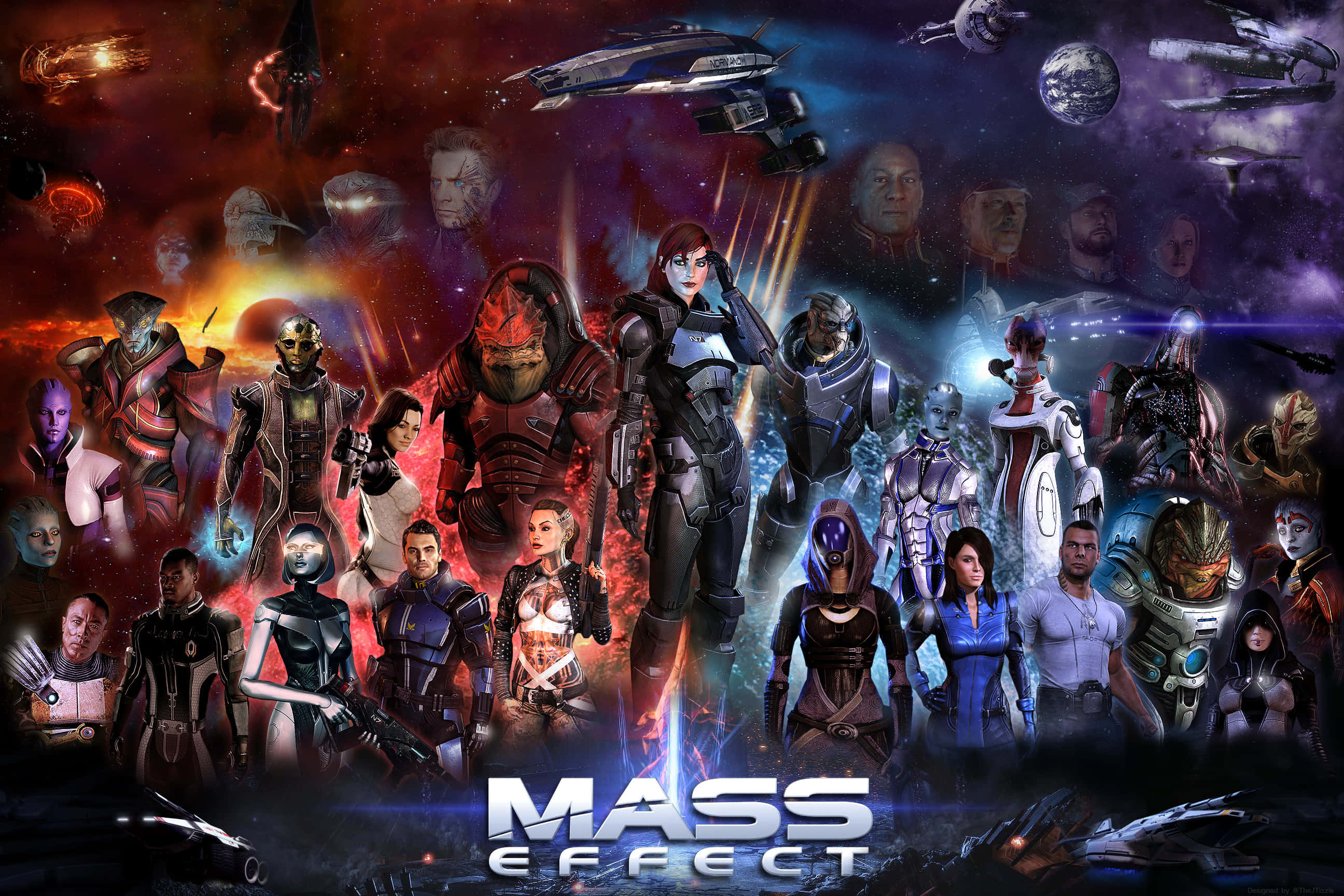 Mass Effect Femshep 桌布 壁紙 — 一幅充滿活力的科幻拼貼畫，描繪了各種外星人和人類角色身著未來裝甲，背景是宇宙星空，有太空船和發光的星雲。