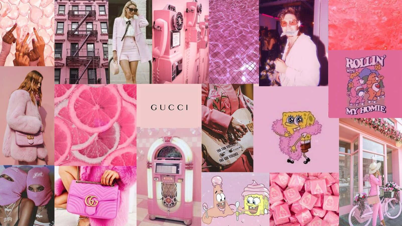 Baddie Vintage 90's Aesthetic 桌布 壁紙 — 一幅充滿活力的粉紅色主題拼貼畫， featuring 時尚配飾、卡通人物和城市景觀，全部以單色粉紅色調飽和。