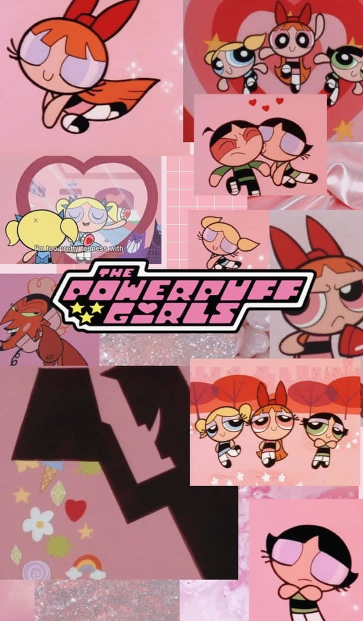 Soft Girl Aesthetic 桌布 壁紙 — 一幅充滿活力的粉紅色拼貼畫，描繪了飛天小女警角色以各種姿勢和表情，並配有閃閃發光的心形和星星。